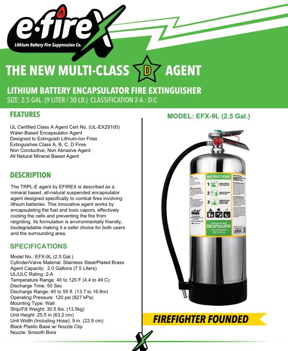 E-FireX Lithium Fire Extinguisher 9.5 Liter (Wall Bracket INCLUDED)